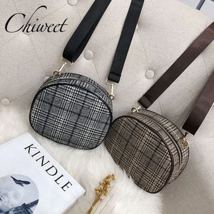 Vintage Small Round Wool Plaid Handbag with Shoulder Strap