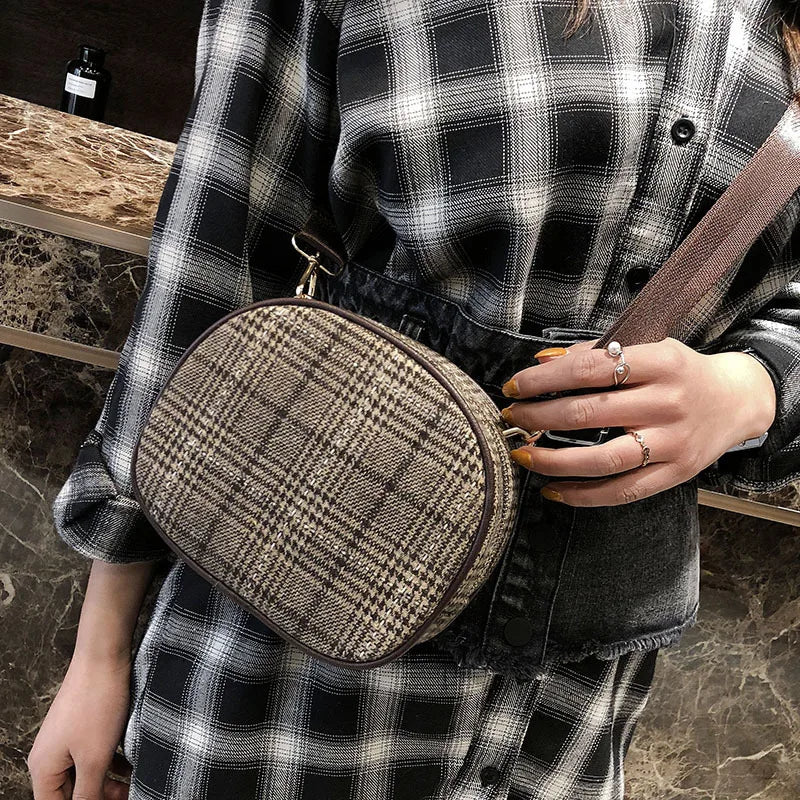 Vintage Small Round Wool Plaid Handbag with Shoulder Strap