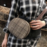 Vintage Small Round Wool Plaid Handbag with Shoulder Strap