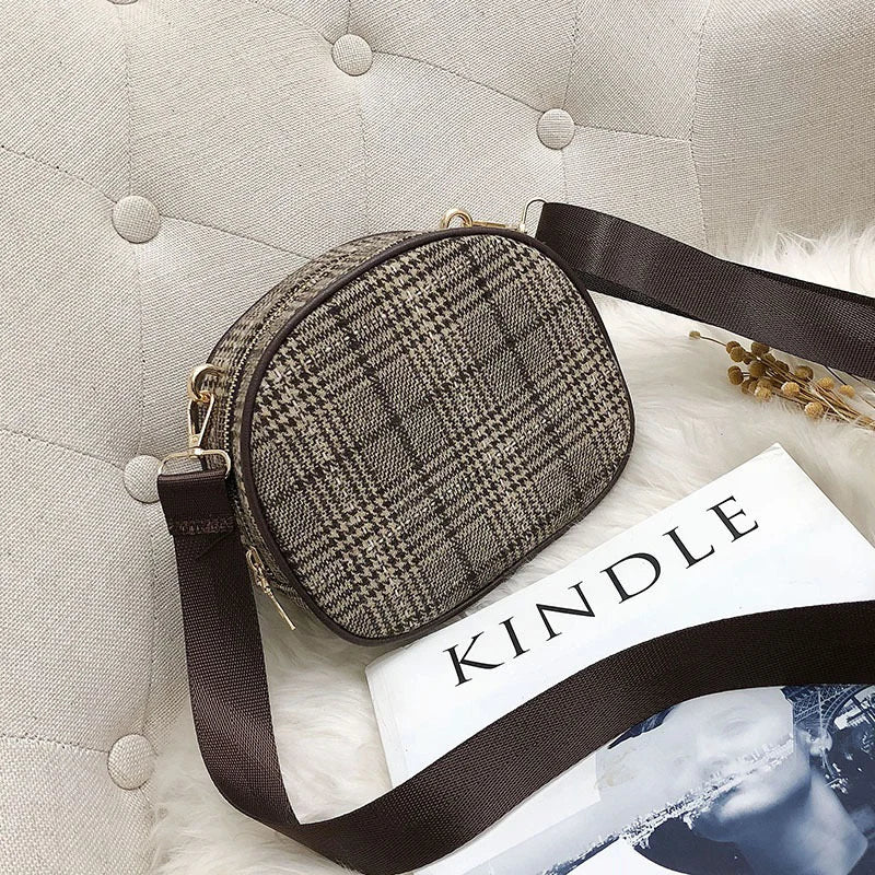 Vintage Small Round Wool Plaid Handbag with Shoulder Strap