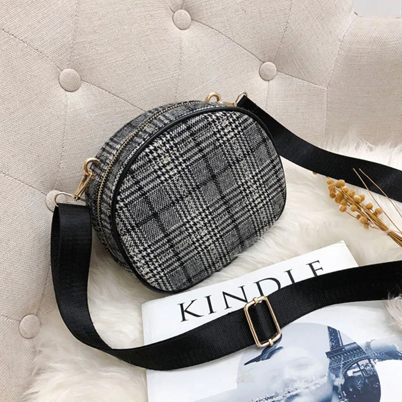 Vintage Small Round Wool Plaid Handbag with Shoulder Strap