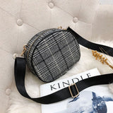 Vintage Small Round Wool Plaid Handbag with Shoulder Strap