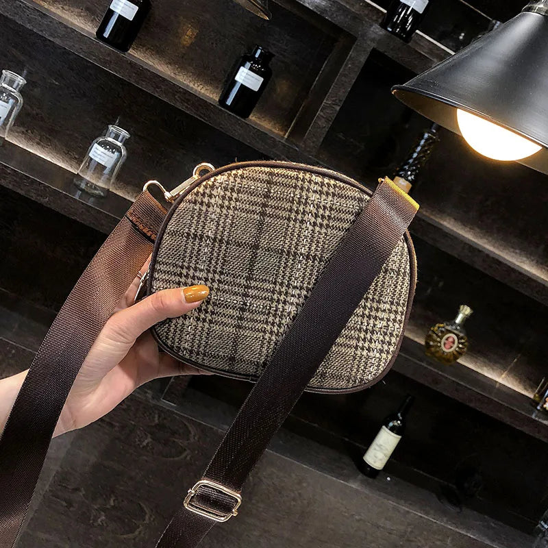 Vintage Small Round Wool Plaid Handbag with Shoulder Strap