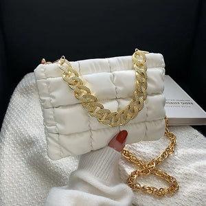 Quilted Small Shoulder Bag Metal Chain Clutch Handbag Retro Women Zipper Bag