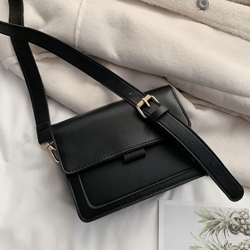 Vintage Crossbody Bag PU Leather Small Square Bag Solid Satchel Purse