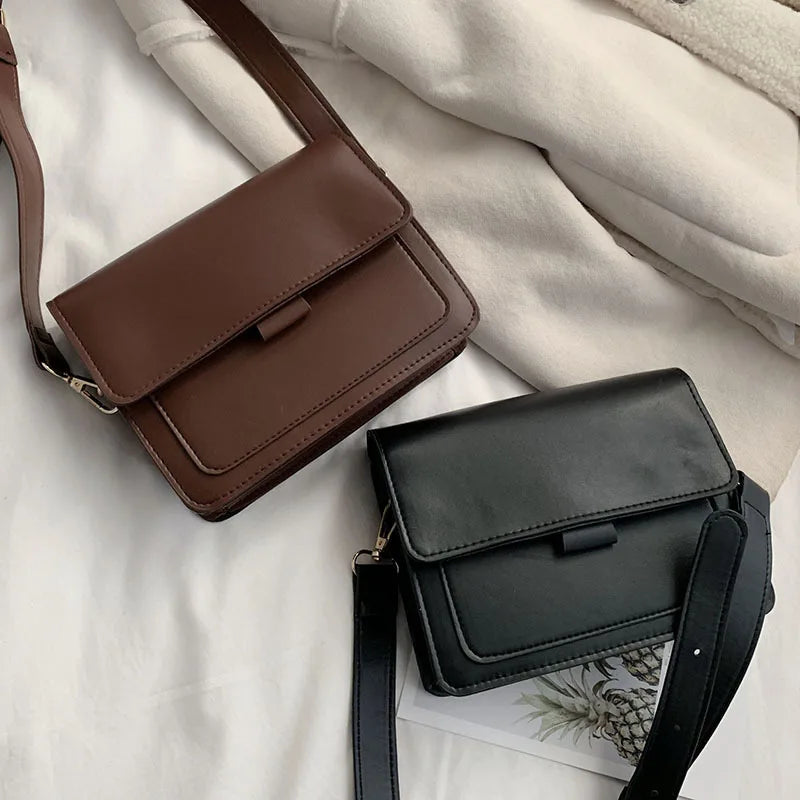 Vintage Crossbody Bag PU Leather Small Square Bag Solid Satchel Purse
