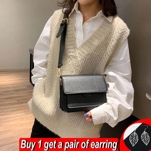 Vintage Crossbody Bag PU Leather Small Square Bag Solid Satchel Purse