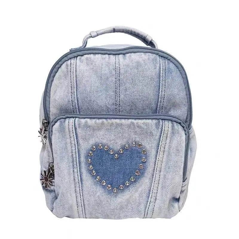 Quilted Denim Women Backpack Rhinestone Travel Bag Girls School Bags
