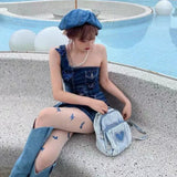 Quilted Denim Women Backpack Rhinestone Travel Bag Girls School Bags