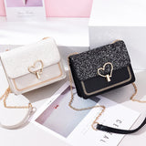 Sequin Pu Leather Female Bag Love Shape Lock Girls Chain Messenger Shoulder Bag
