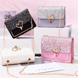 Sequin Pu Leather Female Bag Love Shape Lock Girls Chain Messenger Shoulder Bag