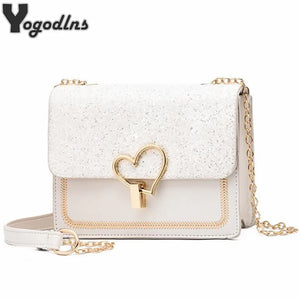 Sequin Pu Leather Female Bag Love Shape Lock Girls Chain Messenger Shoulder Bag