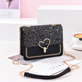 Sequin Pu Leather Female Bag Love Shape Lock Girls Chain Messenger Shoulder Bag