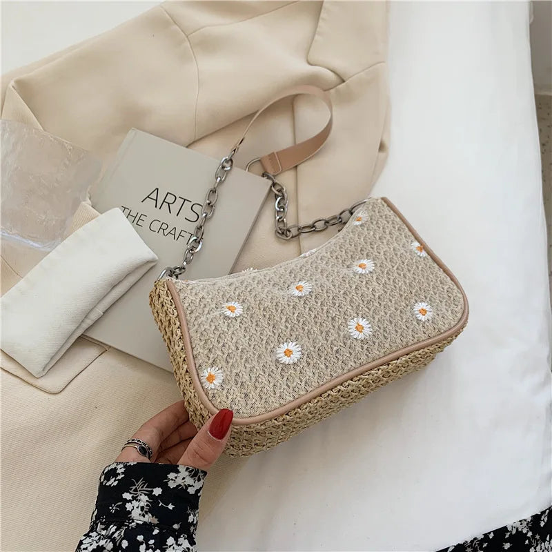 Underarm Straw Bags Lace Chain Shoulder Bag Women Texture Zipper Handbags