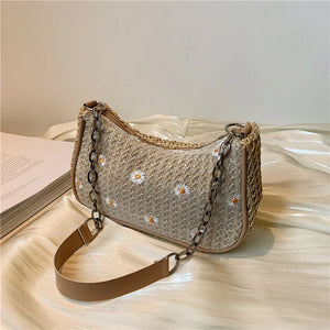 Underarm Straw Bags Lace Chain Shoulder Bag Women Texture Zipper Handbags