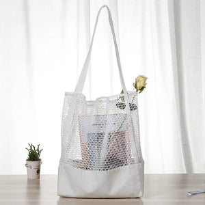 Eco Friendly Cotton Canvas Beach Bag Mesh Tote Ladies Summer Net Beach Shoulder