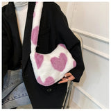 Heart Print Fluffy Sweet Casual Shoulder Bag for Girls