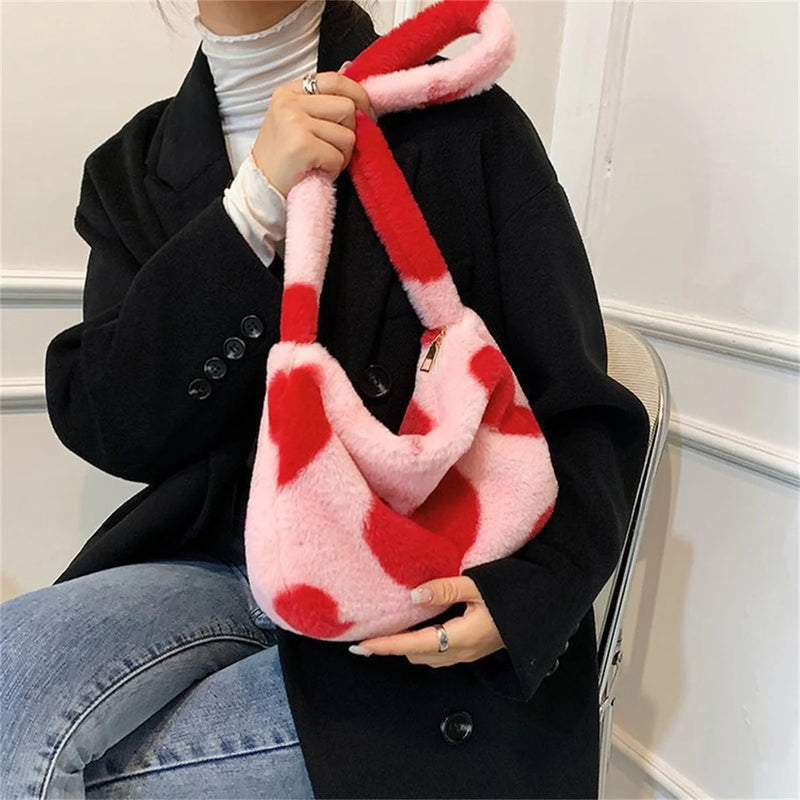 Heart Print Fluffy Sweet Casual Shoulder Bag for Girls