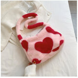 Heart Print Fluffy Sweet Casual Shoulder Bag for Girls