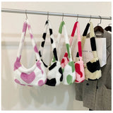Heart Print Fluffy Sweet Casual Shoulder Bag for Girls