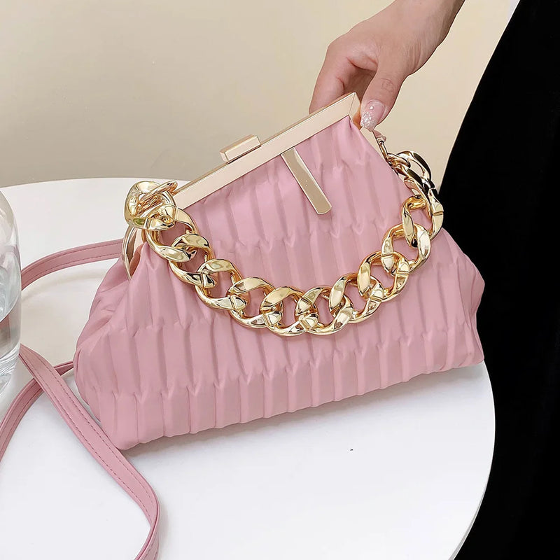 Triangle Pleat Ladies Handbags Thick Chain Female Clutch Bag PU Leather