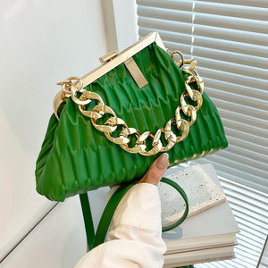 Triangle Pleat Ladies Handbags Thick Chain Female Clutch Bag PU Leather