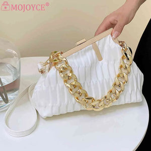 Triangle Pleat Women Crossbody Bag Thick Chain Small Tote Soft PU Leather