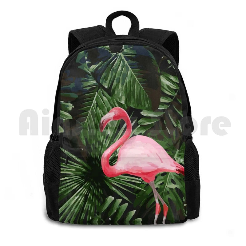 Flamingo & Palm Tree Leaves Green Outdoor Hiking Backpack