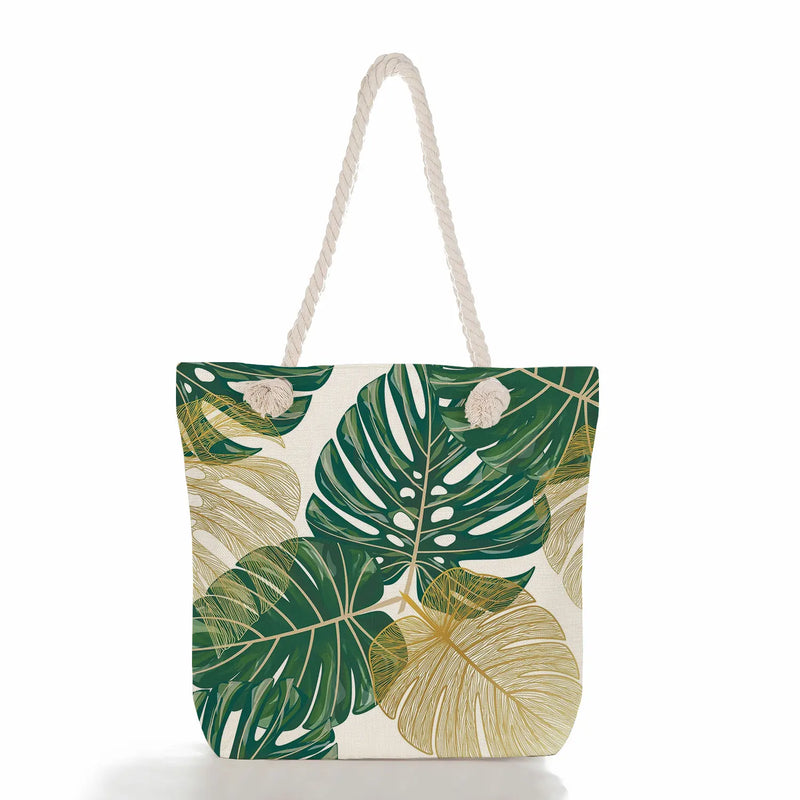 Turtle Leaf Print Handbags Linen Women Tote Bag Plant Green Leaves Shoulder Bag