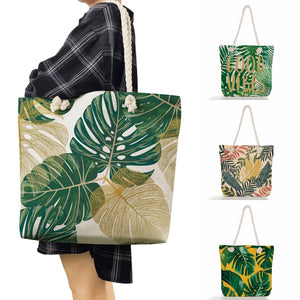 Turtle Leaf Print Handbags Linen Women Tote Bag Plant Green Leaves Shoulder Bag