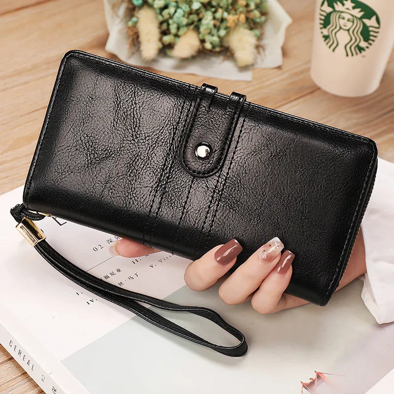 Women's Two Fold Long Wallet PU Wrist Bag Clutch Wallets