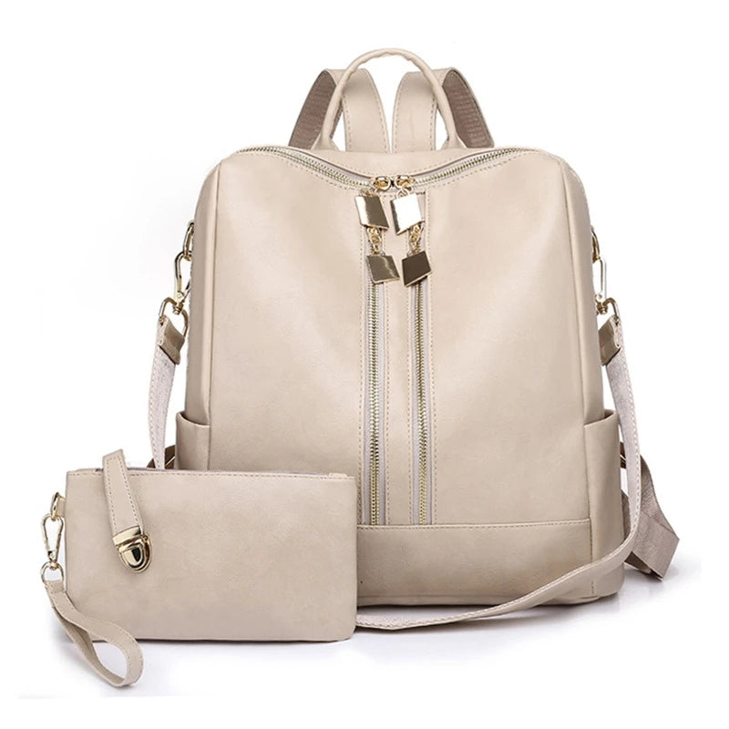 Two-Piece Set Large Bags with Pockets Multipurpose PU Leather School Bags