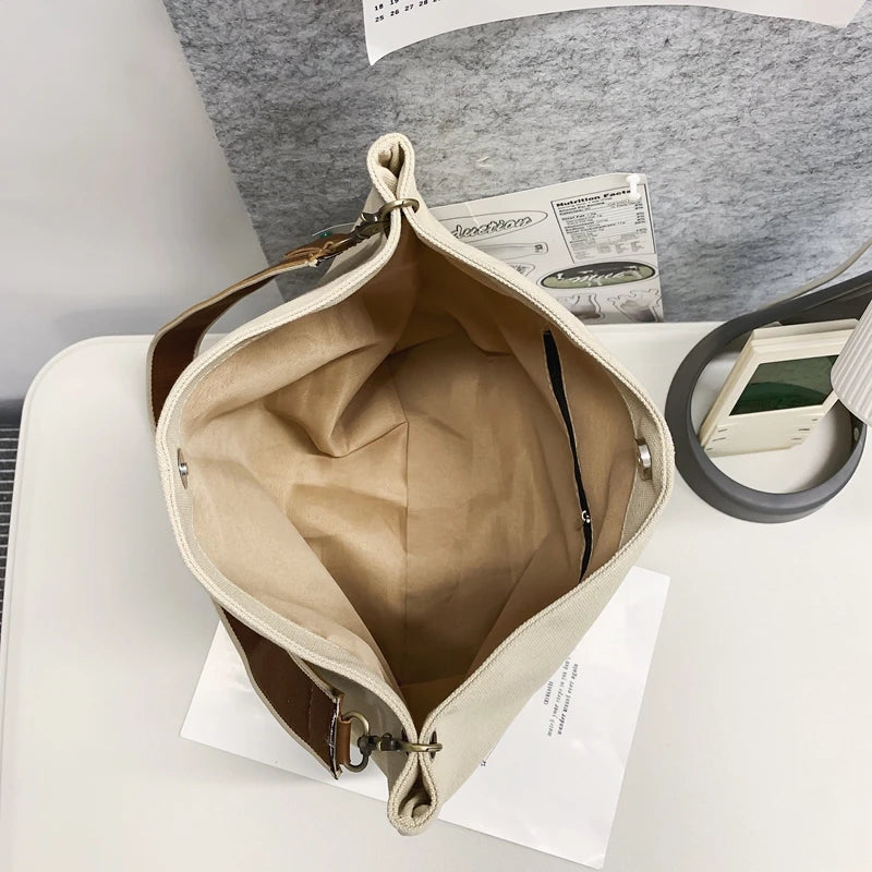 Minimalist Canvas Shoulder Bag Solid Large Capacity Girls Bags Casual Tote Handb