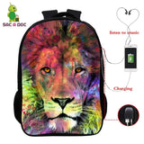 3D Lion Print USB Charging Backpack School Bag 16inch Laptop Travel