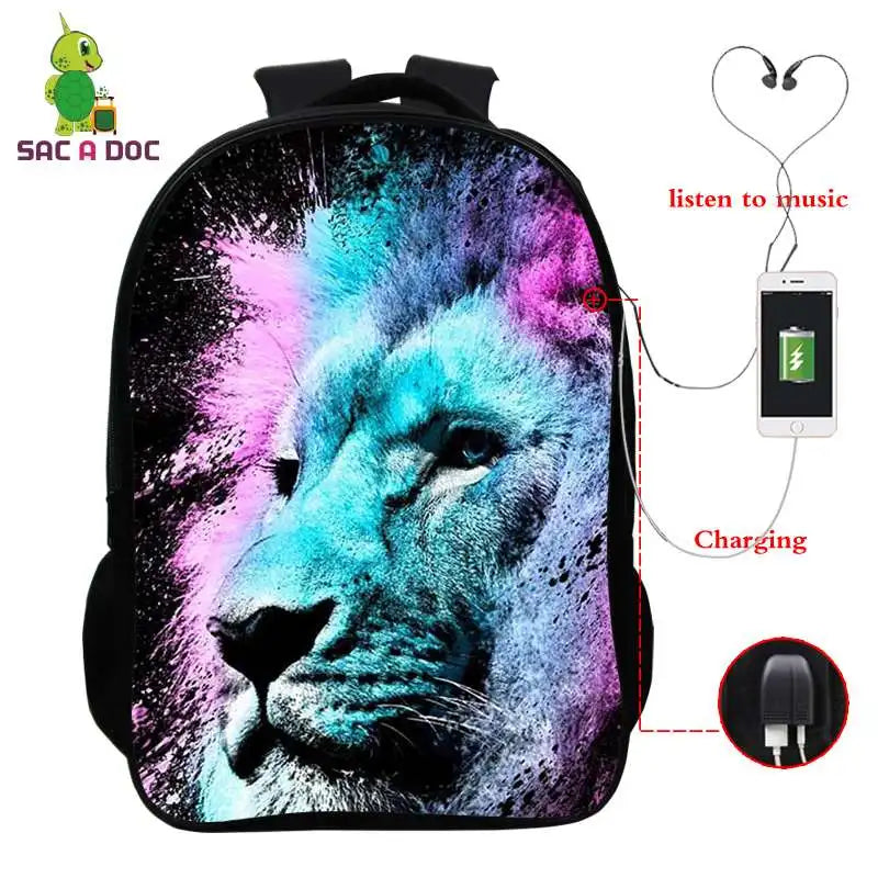3D Lion Print USB Charging Backpack School Bag 16inch Laptop Travel