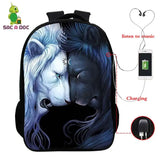 3D Lion Print USB Charging Backpack School Bag 16inch Laptop Travel