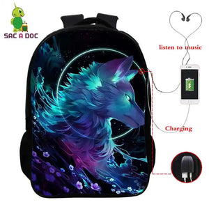 3D Lion Print USB Charging Backpack School Bag 16inch Laptop Travel