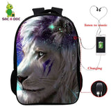 3D Lion Print USB Charging Backpack School Bag 16inch Laptop Travel