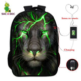 3D Lion Print USB Charging Backpack School Bag 16inch Laptop Travel