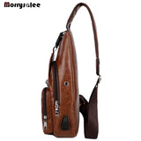Men's Leather Crossbody Bag USB Charging Chest Pack