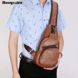 Men's Leather Crossbody Bag USB Charging Chest Pack