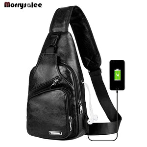 Men's Leather Crossbody Bag USB Charging Chest Pack
