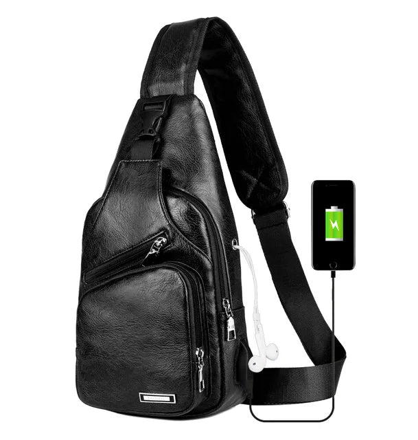 Men's Leather Crossbody Bag USB Charging Chest Pack