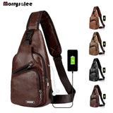Men's Leather Crossbody Bag USB Charging Chest Pack