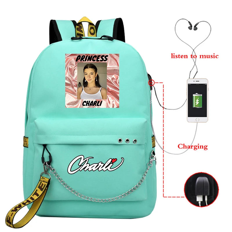 Charli D'Amelio Backpack USB Charging School Bag for Girls Women