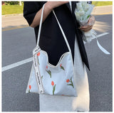 Embroidered Flower Shoulder Bag Large Capacity Tote Bags