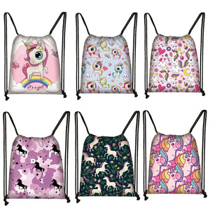 Unicorn Floral Drawstring Bag Women Backpack Girls Pink Horse Canvas Storage