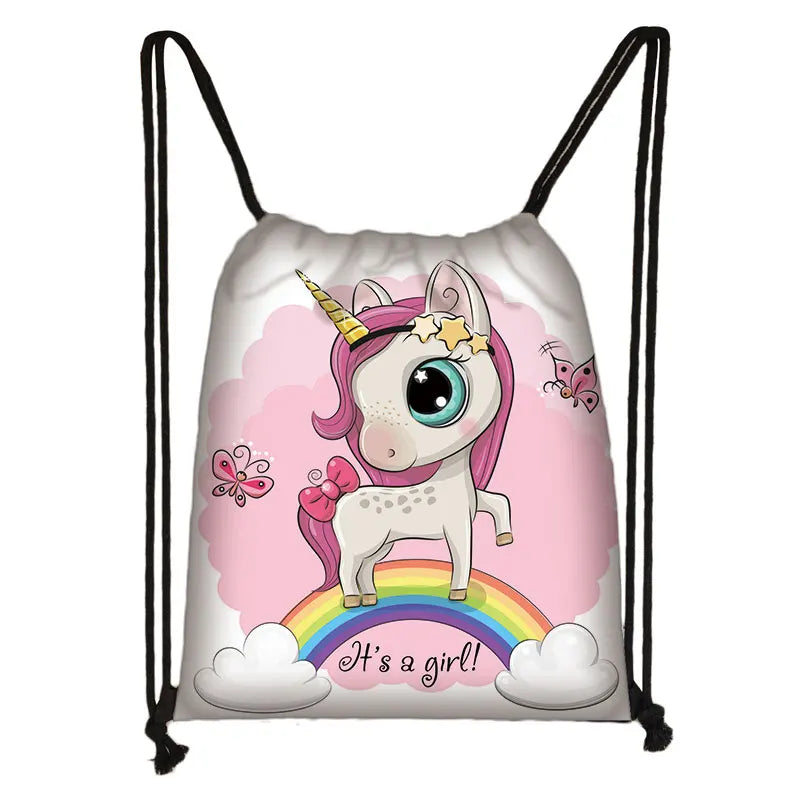 Unicorn Floral Drawstring Bag Women Backpack Girls Pink Horse Canvas Storage