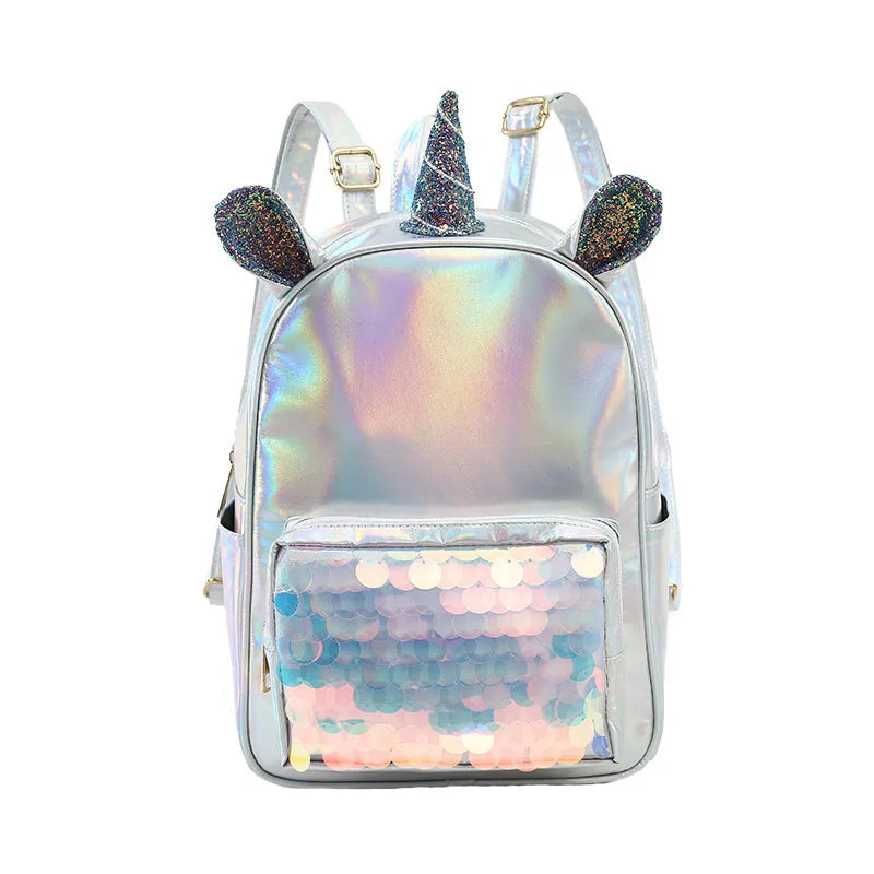 Unicorn Kids Bag For Girls Small Backpack Silver Holographic Bag