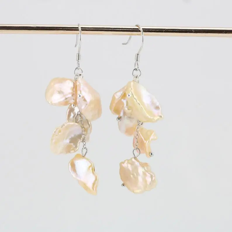 Orange Pink Keshi Pearl Earrings, Freshwater Pearl Dangle Earrings